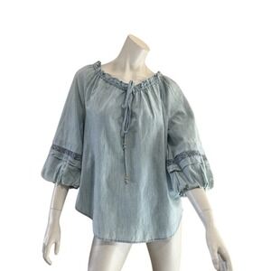 Lauren Ralph Lauren Blue Peasant Blouse‎ Top Lace Trimmed Women's Size S (2970)
